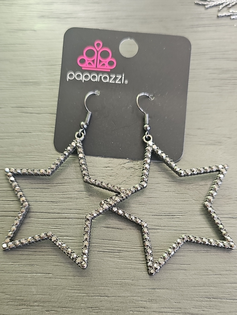 paparazzi Gunmetal Rhinestone Star Outline Dangle Earrings